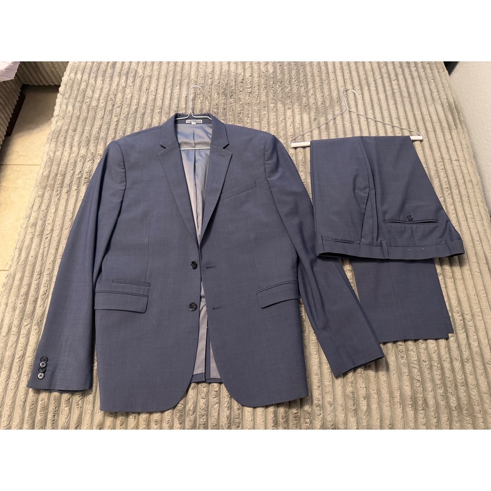 Express Photographer Slim Fit Suit Blue Gray 42R Jacket 34x30 Pants Mens 2 Piece